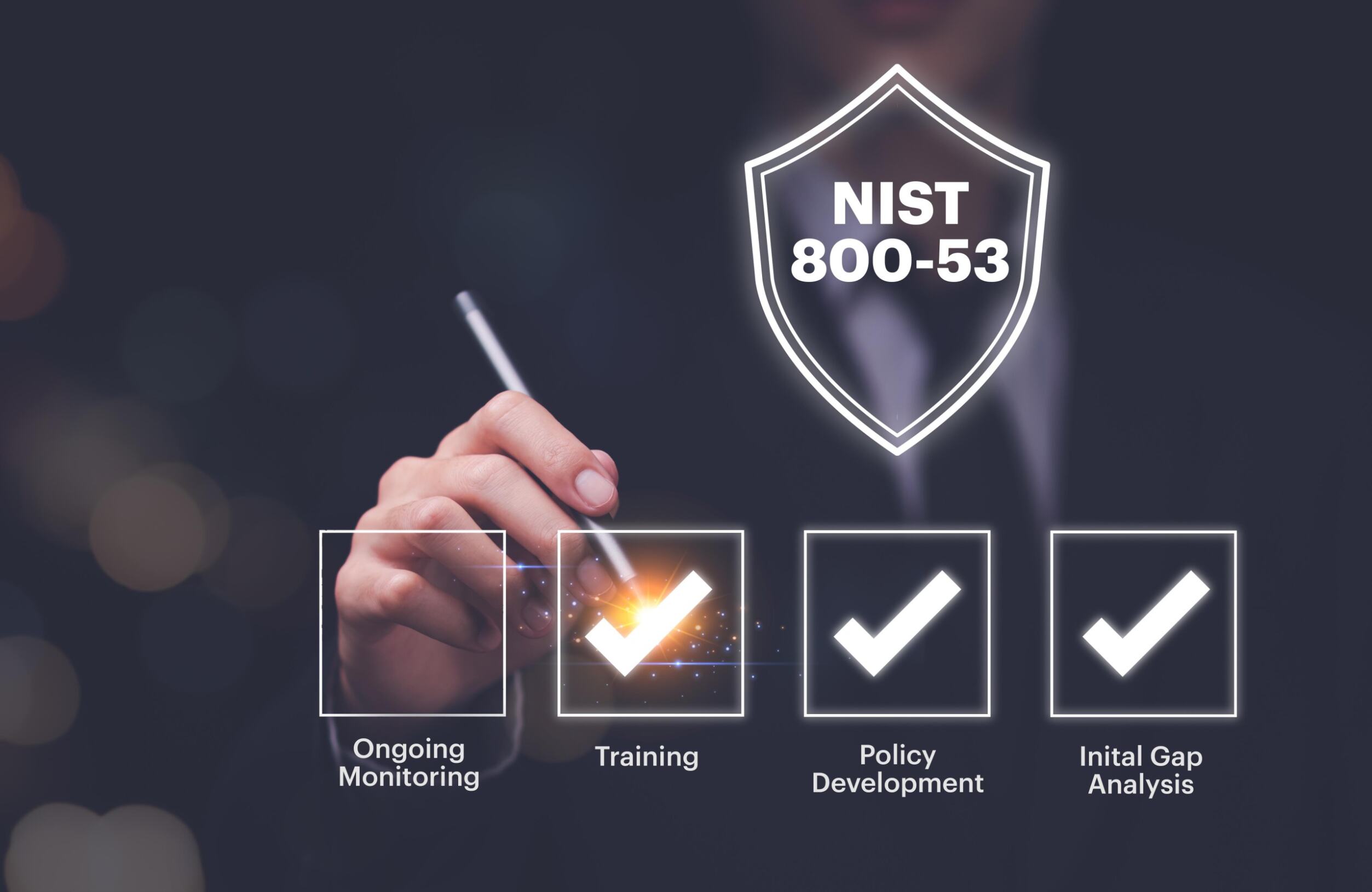 graphic of a person checking off items for NIST 800-53 compliance