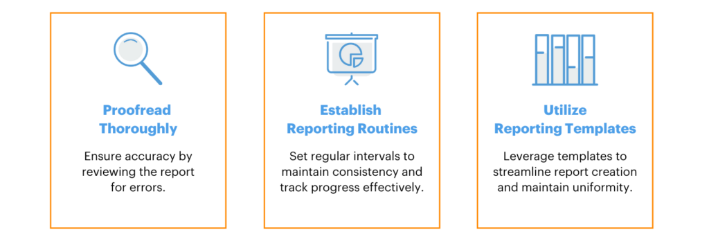 Proofread thoroughly, establish reporting routines, utilize reporting templates.